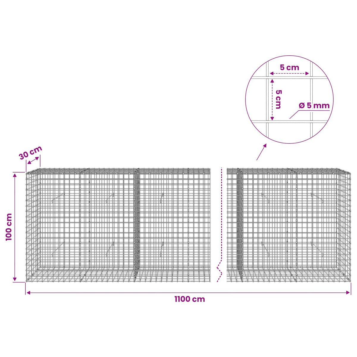 vidaXL Gabion z drutu 5 mm i siatką 5x5 cm 1100x30x100 cm