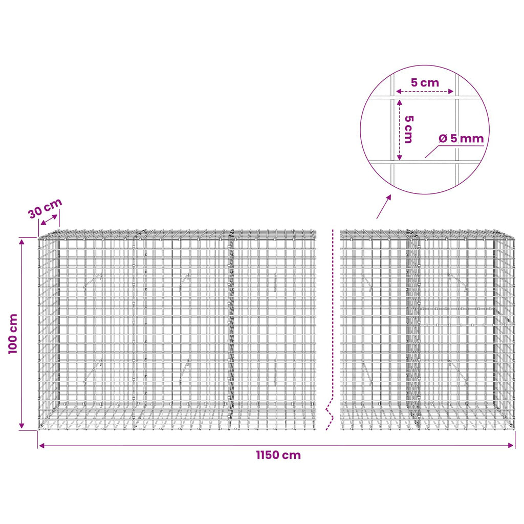 vidaXL Gabion z drutu 5 mm i siatką 5x5 cm 1150x30x100 cm