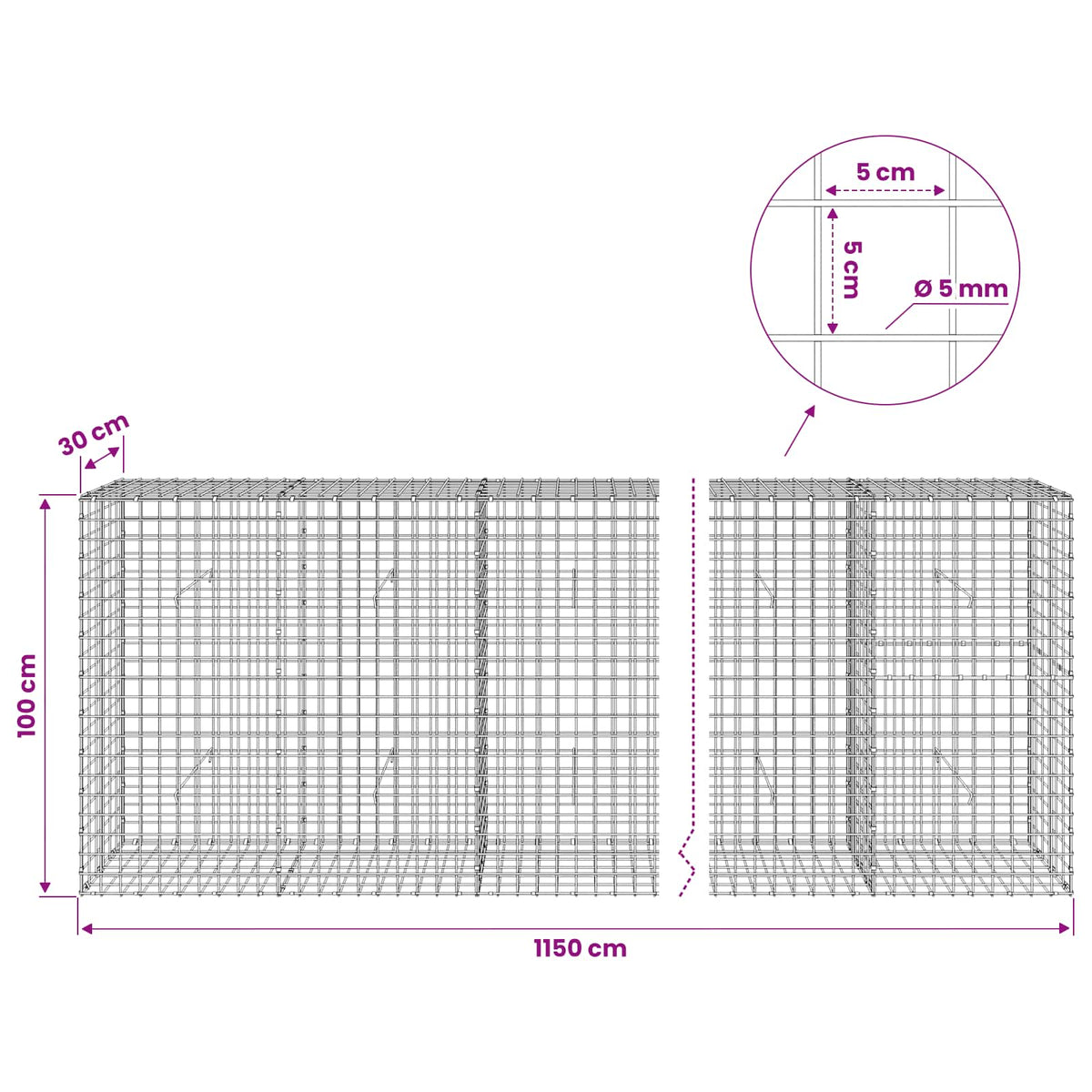 vidaXL Gabion z drutu 5 mm i siatką 5x5 cm 1150x30x100 cm