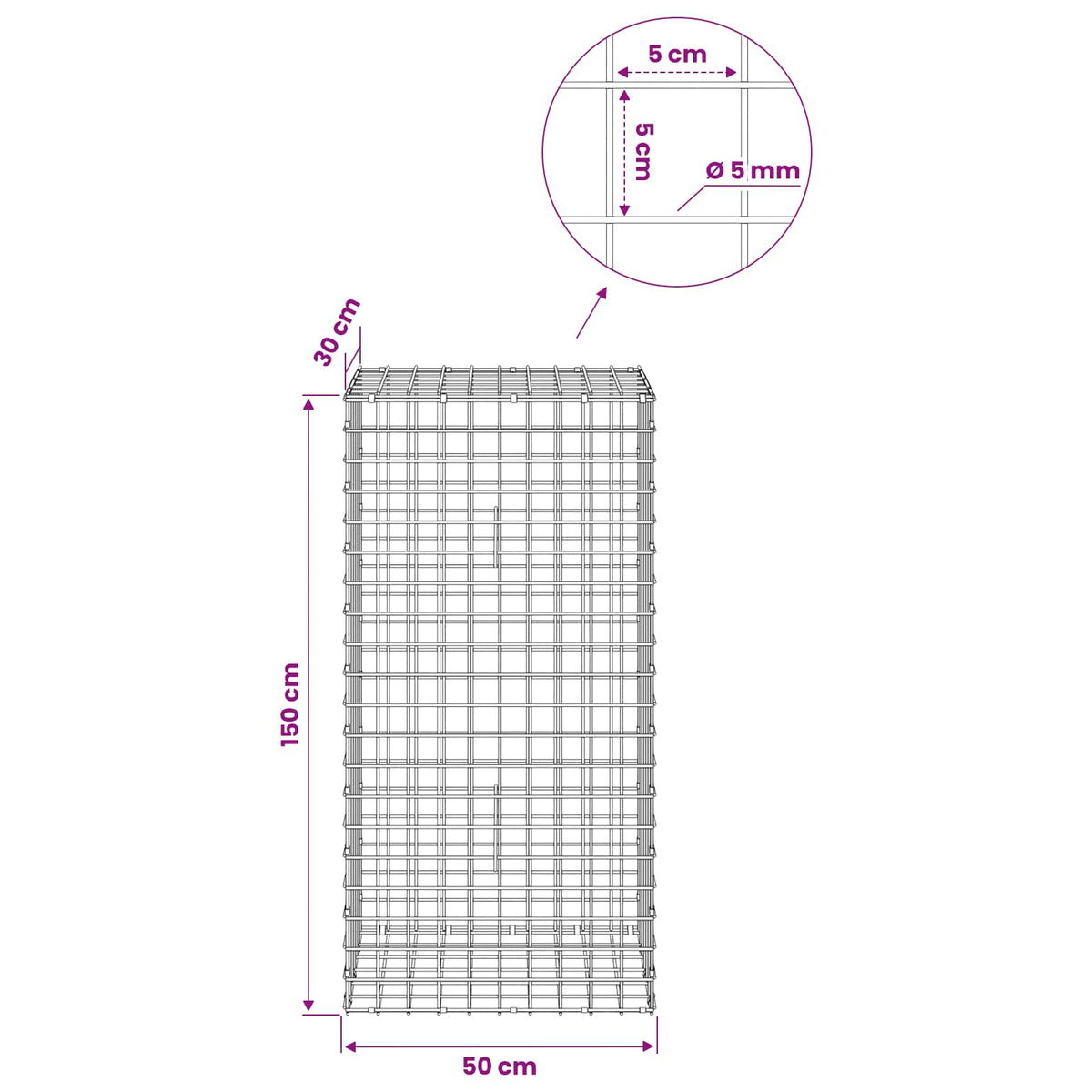 vidaXL Gabion z drutu 5 mm i siatką 5x5 cm 50x30x150 cm