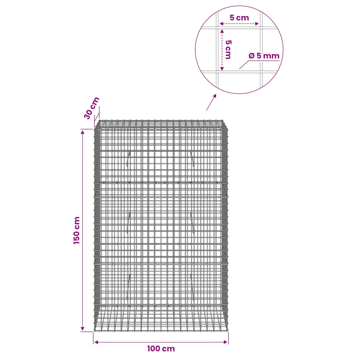 vidaXL Gabion z drutu 5 mm i siatką 5x5 cm 100x30x150 cm