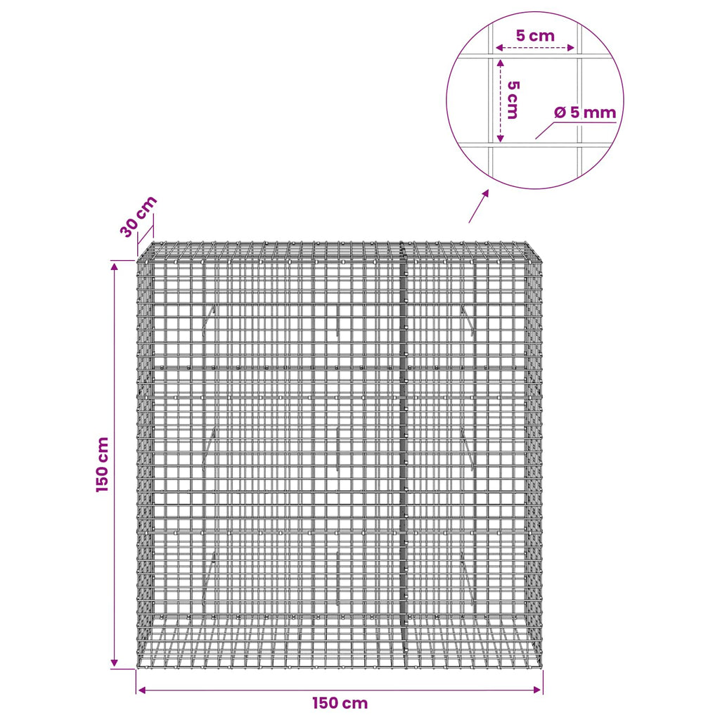 vidaXL Gabion z drutu 5 mm i siatką 5x5 cm 150x30x150 cm