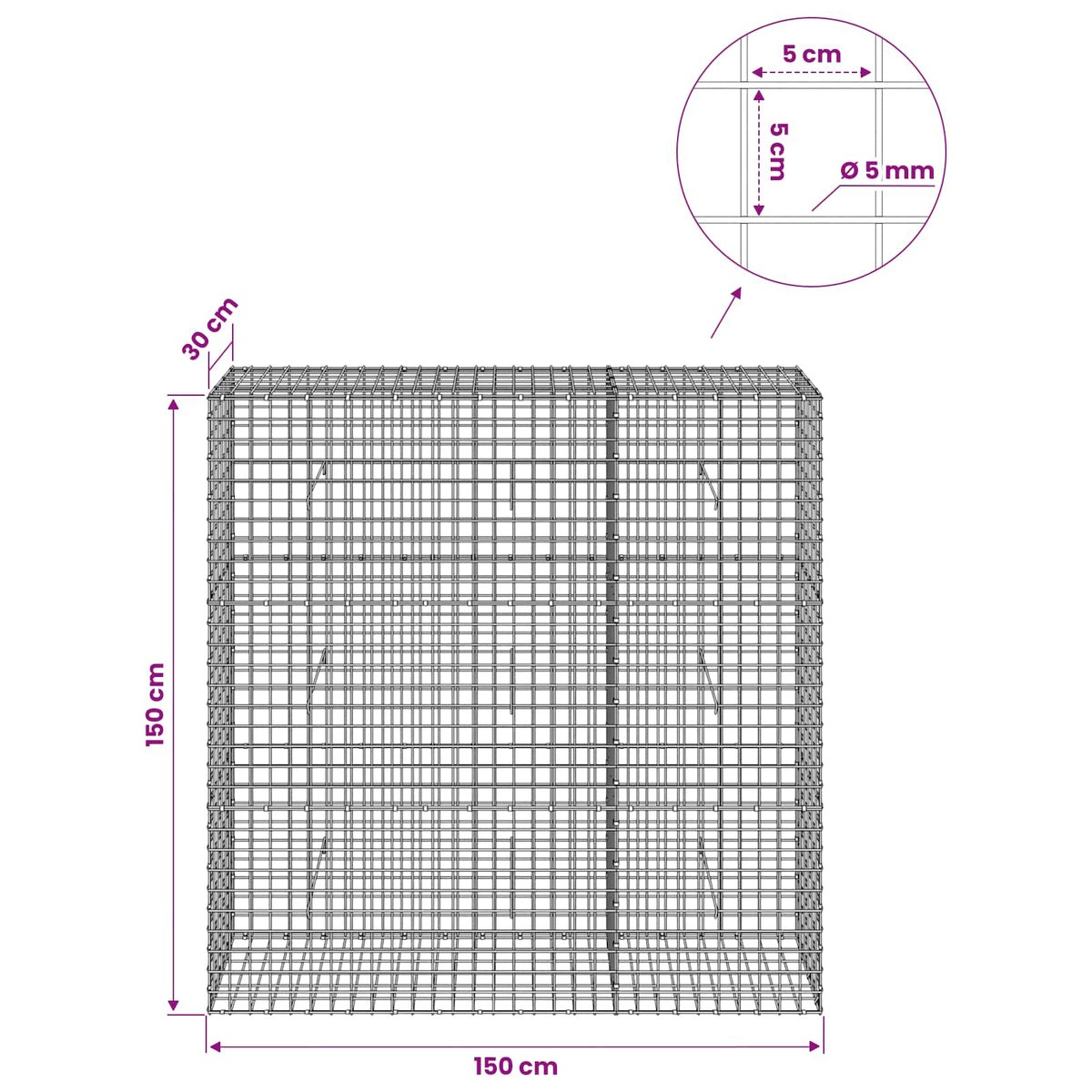 vidaXL Gabion z drutu 5 mm i siatką 5x5 cm 150x30x150 cm