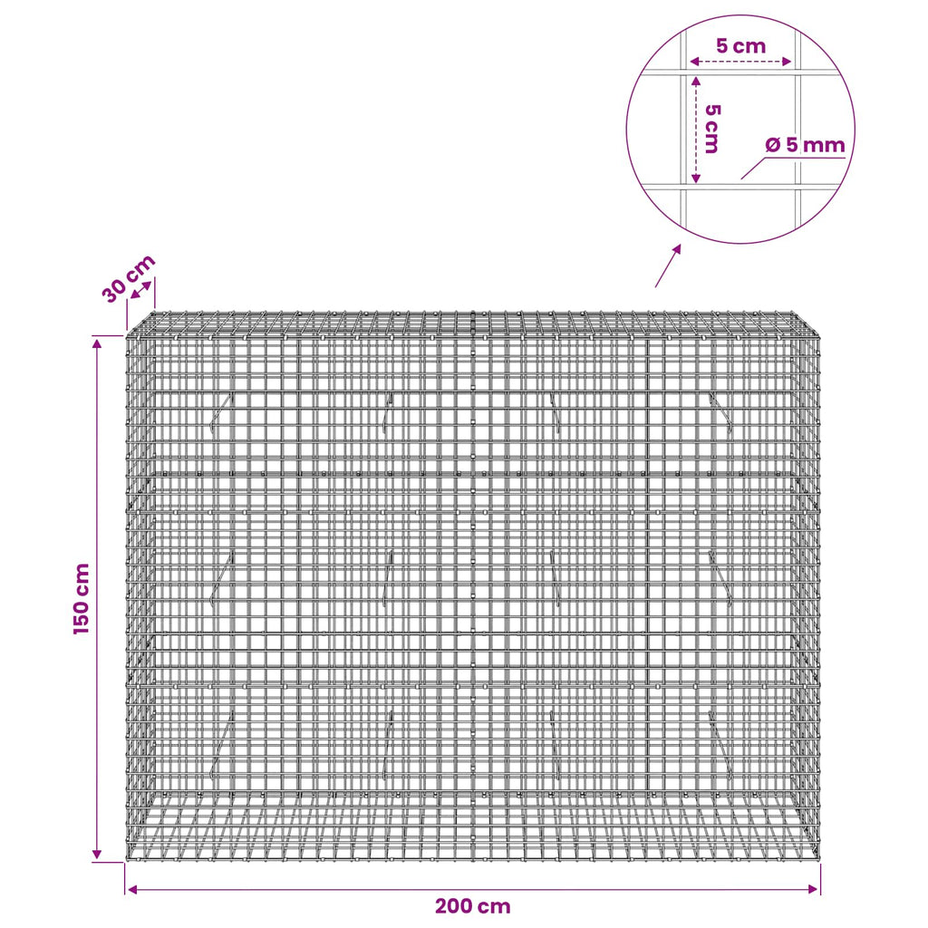 vidaXL Gabion z drutu 5 mm i siatką 5x5 cm 200x30x150 cm