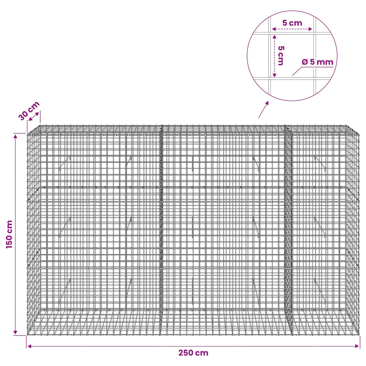 vidaXL Gabion z drutu 5 mm i siatką 5x5 cm 250x30x150 cm