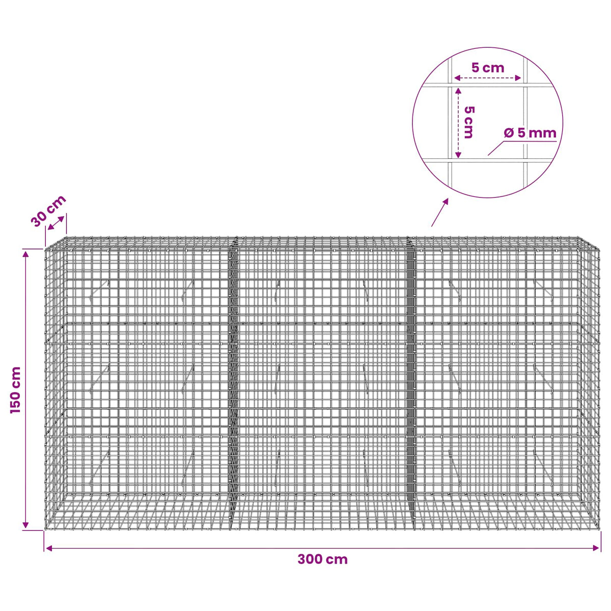 vidaXL Gabion z drutu 5 mm i siatką 5x5 cm 300x30x150 cm