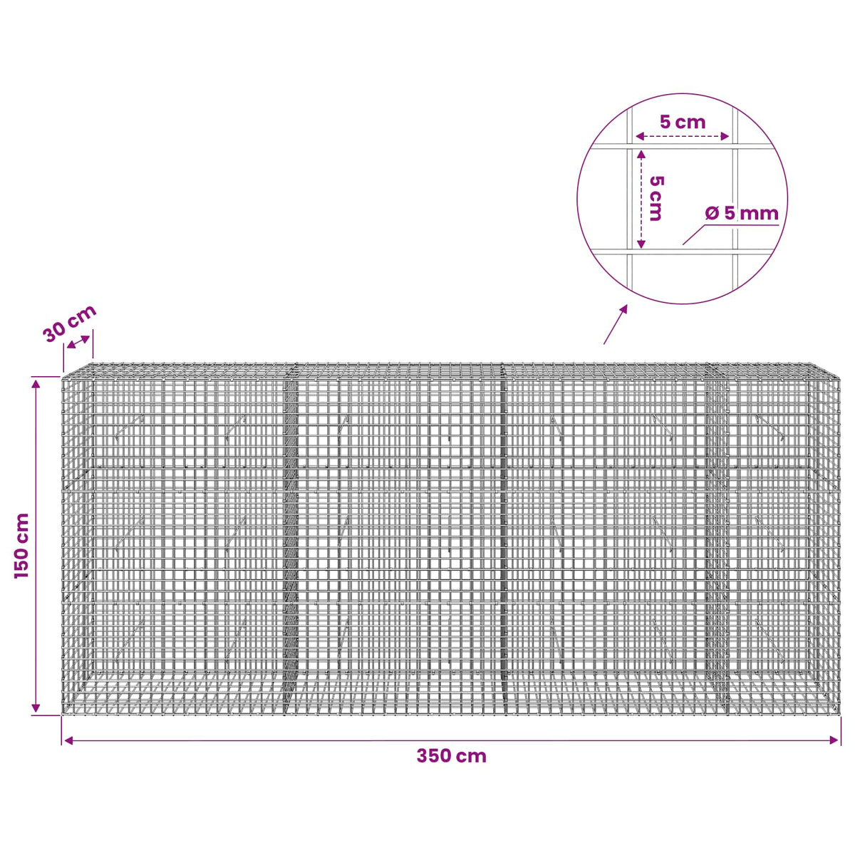 vidaXL Gabion z drutu 5 mm i siatką 5x5 cm 350x30x150 cm
