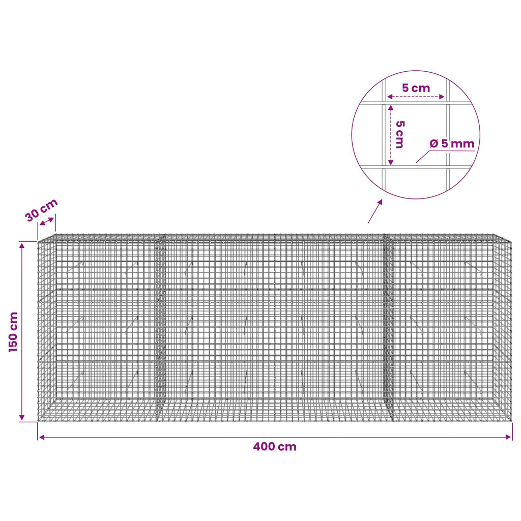 vidaXL Gabion z drutu 5 mm i siatką 5x5 cm 400x30x150 cm