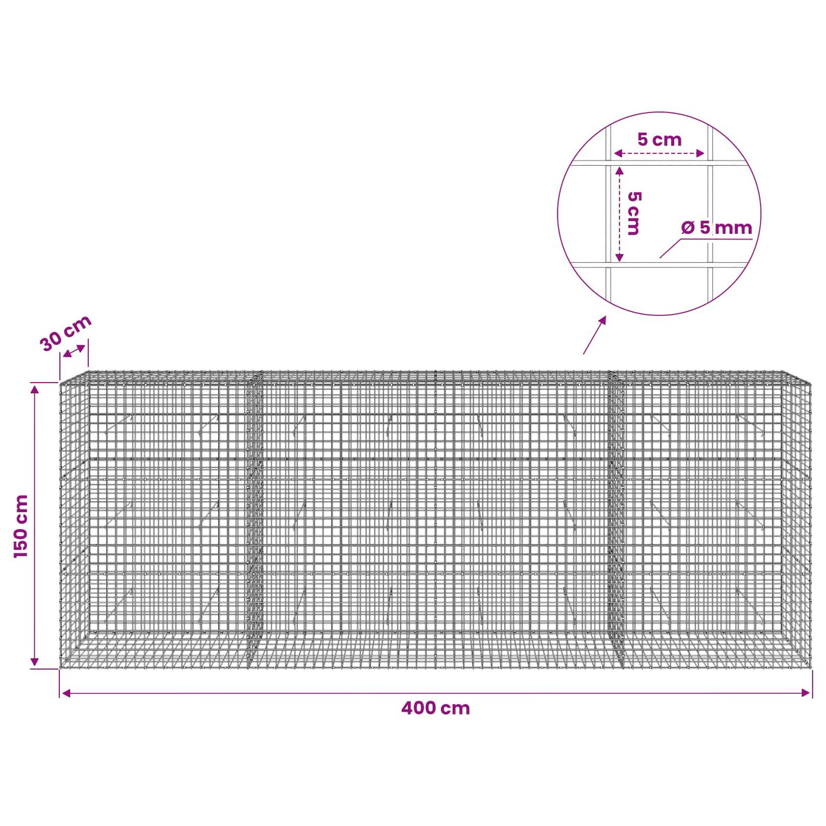vidaXL Gabion z drutu 5 mm i siatką 5x5 cm 400x30x150 cm