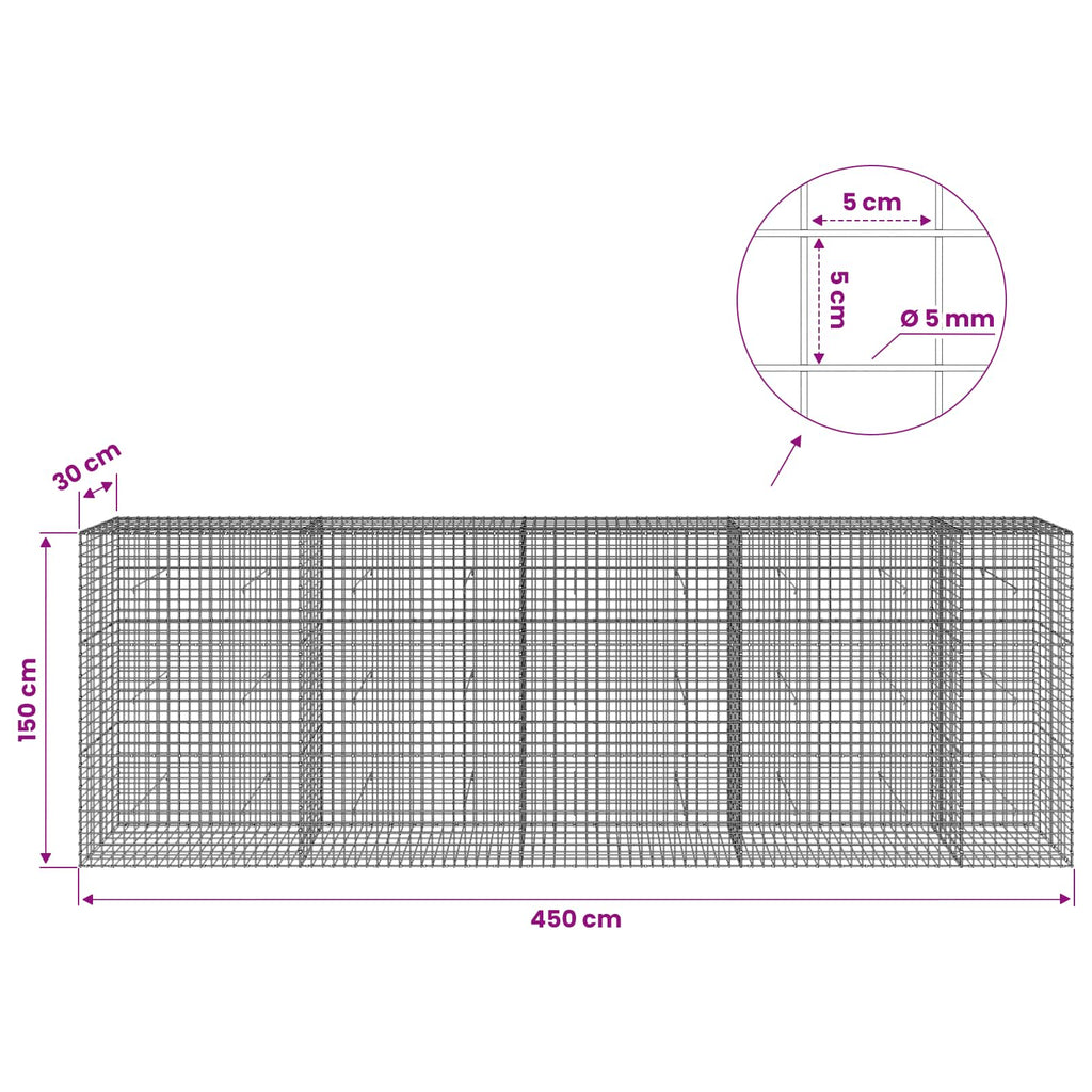 vidaXL Gabion z drutu 5 mm i siatką 5x5 cm 450x30x150 cm