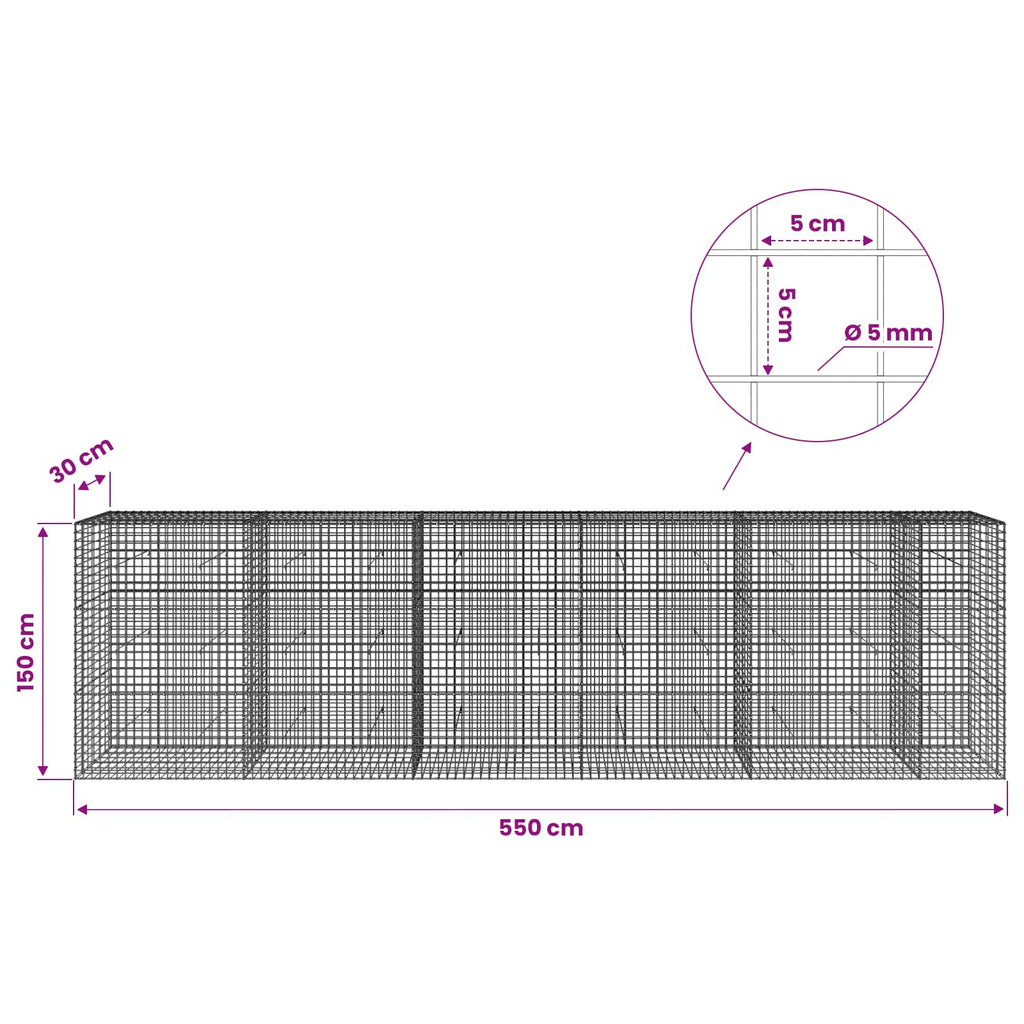vidaXL Gabion z drutu 5 mm i siatką 5x5 cm 550x30x150 cm