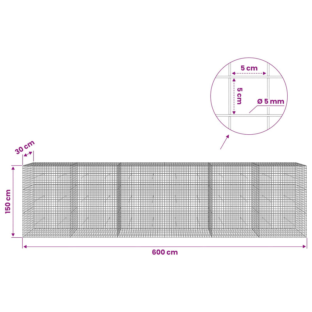 vidaXL Gabion z drutu 5 mm i siatką 5x5 cm 600x30x150 cm