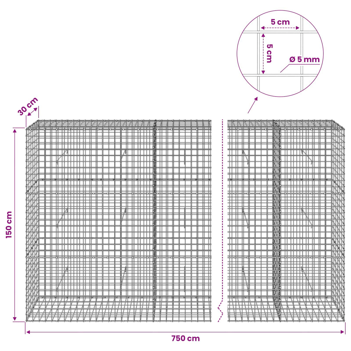 vidaXL Gabion z drutu 5 mm i siatką 5x5 cm 750x30x150 cm