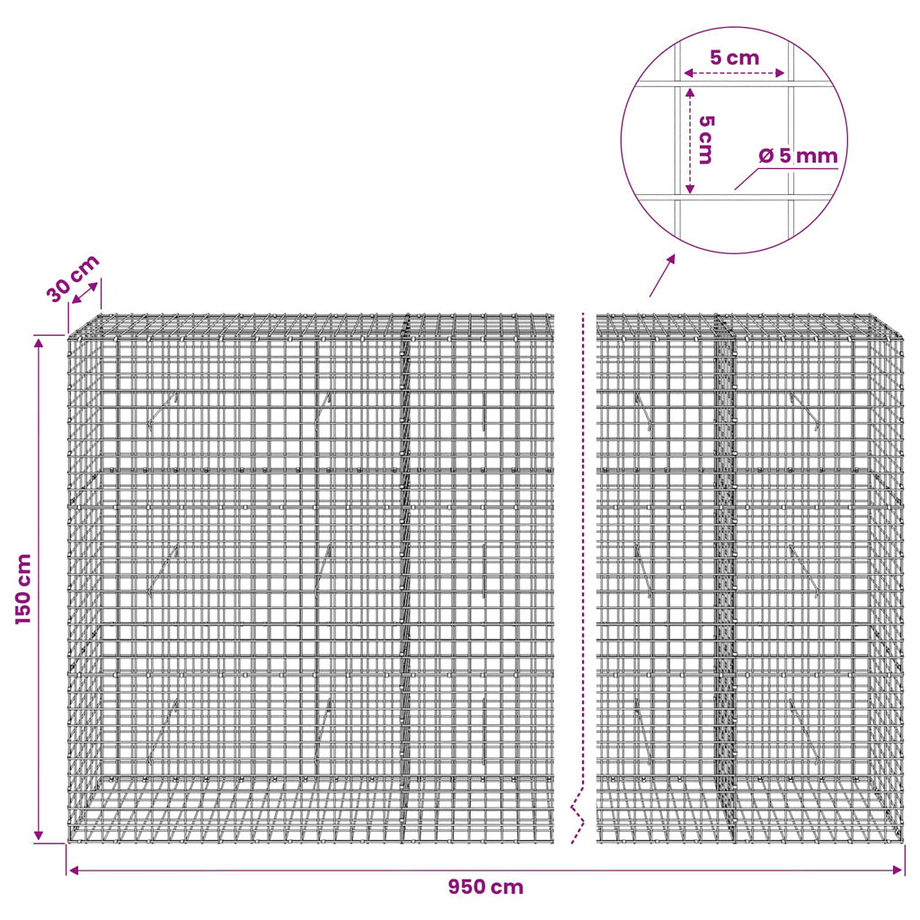 vidaXL Gabion z drutu 5 mm i siatką 5x5 cm 950x30x150 cm