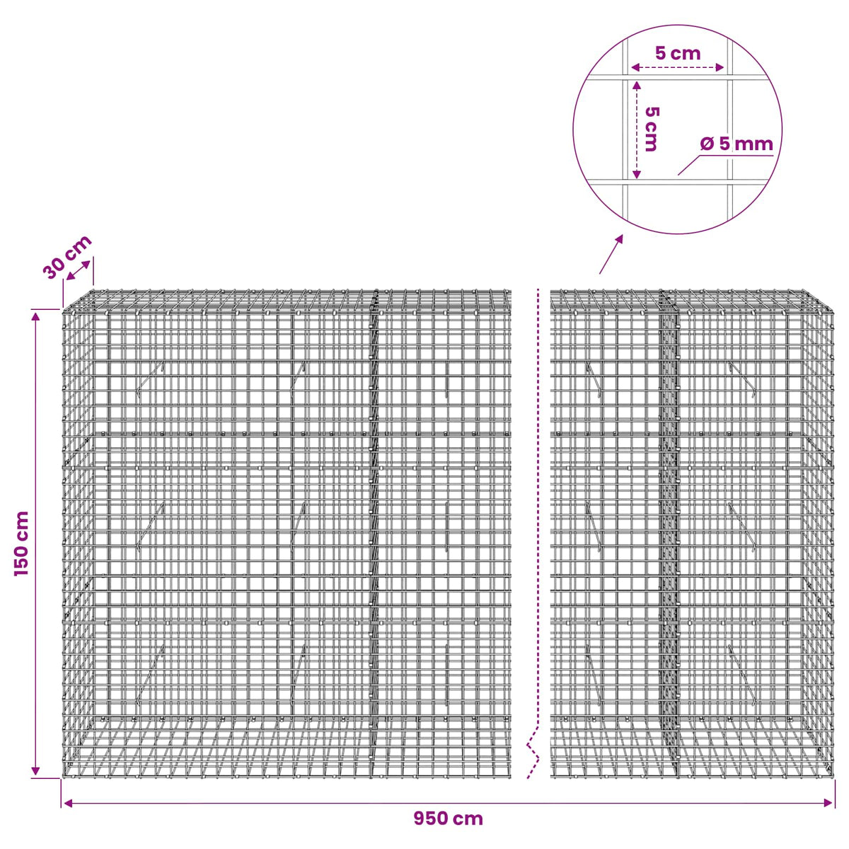 vidaXL Gabion z drutu 5 mm i siatką 5x5 cm 950x30x150 cm