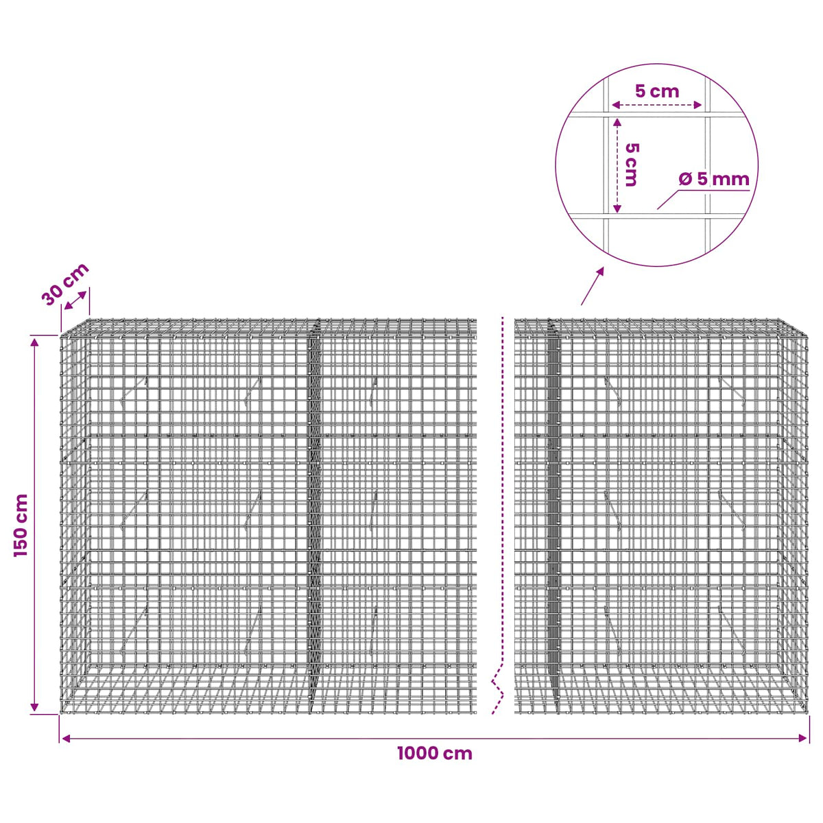 vidaXL Gabion z drutu 5 mm i siatką 5x5 cm 1000x30x150 cm