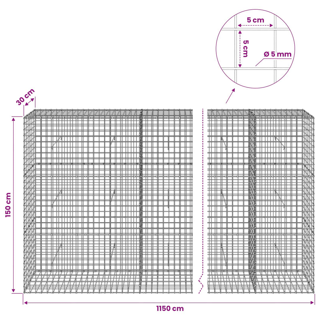 vidaXL Gabion z drutu 5 mm i siatką 5x5 cm 1150x30x150 cm