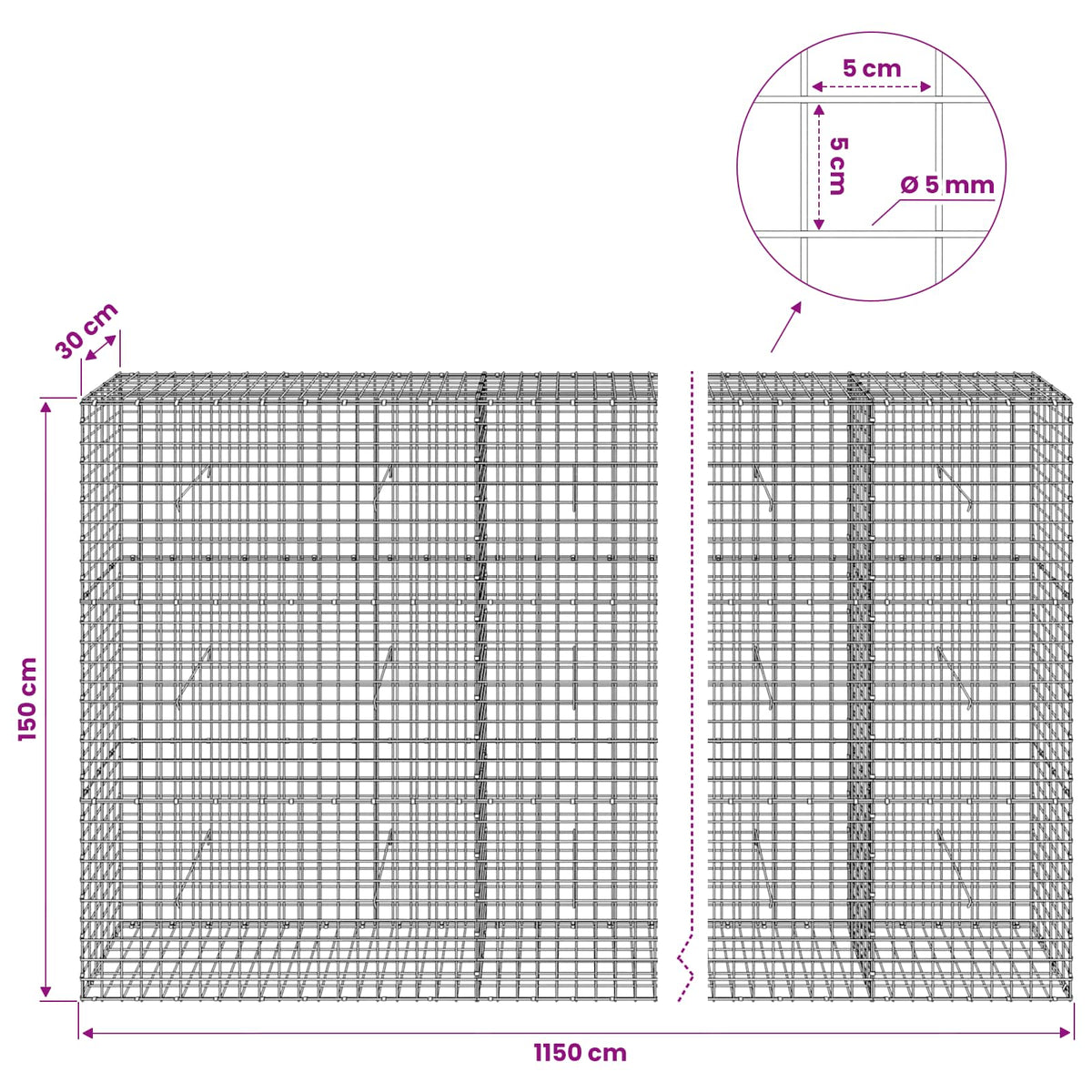 vidaXL Gabion z drutu 5 mm i siatką 5x5 cm 1150x30x150 cm