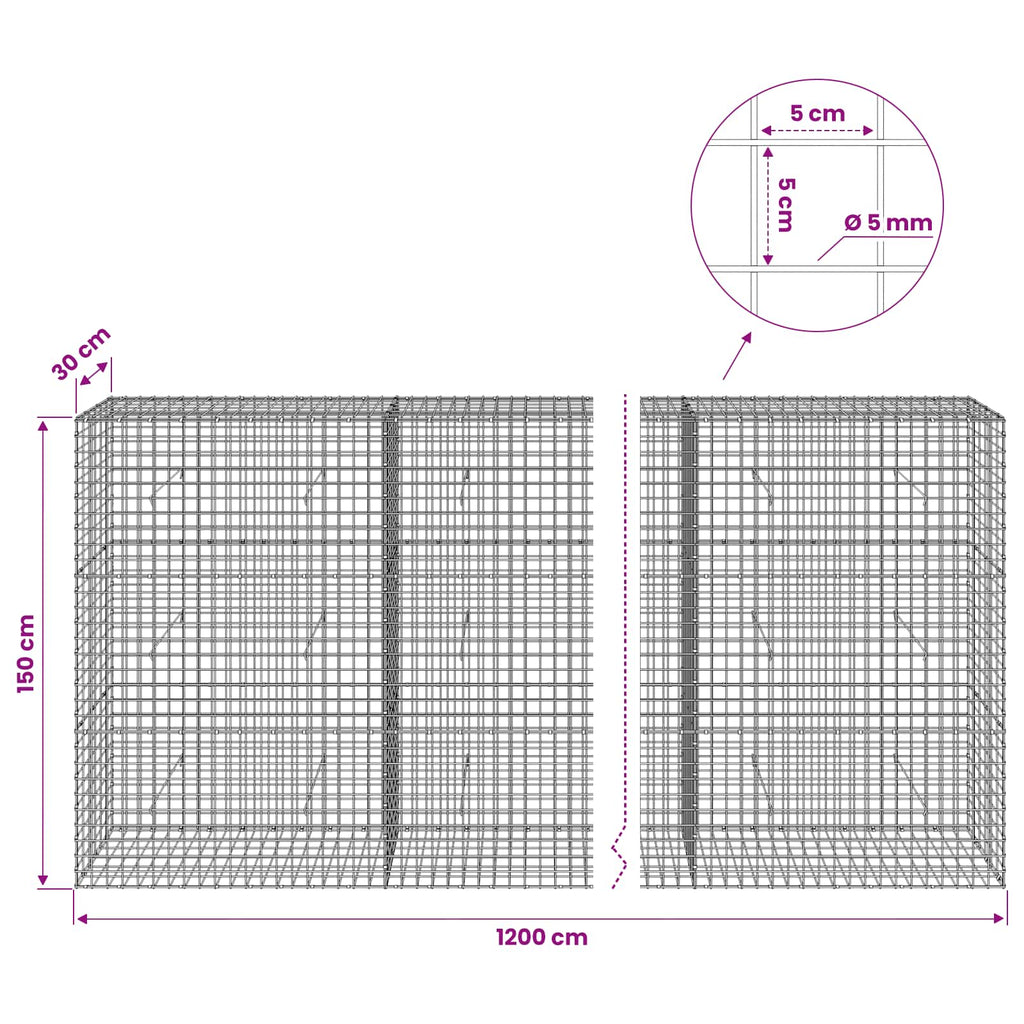 vidaXL Gabion z drutu 5 mm i siatką 5x5 cm 1200x30x150 cm