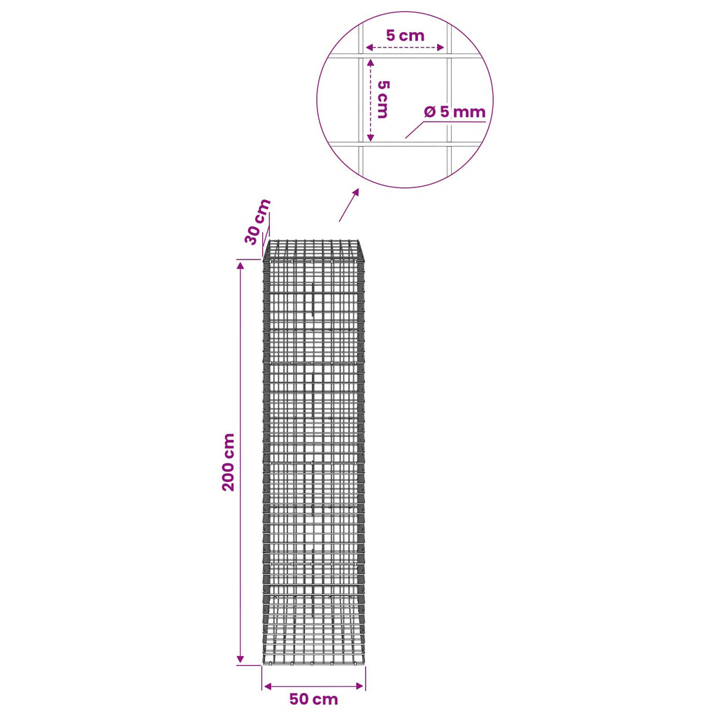 vidaXL Gabion z drutu 5 mm i siatką 5x5 cm 50x30x200 cm