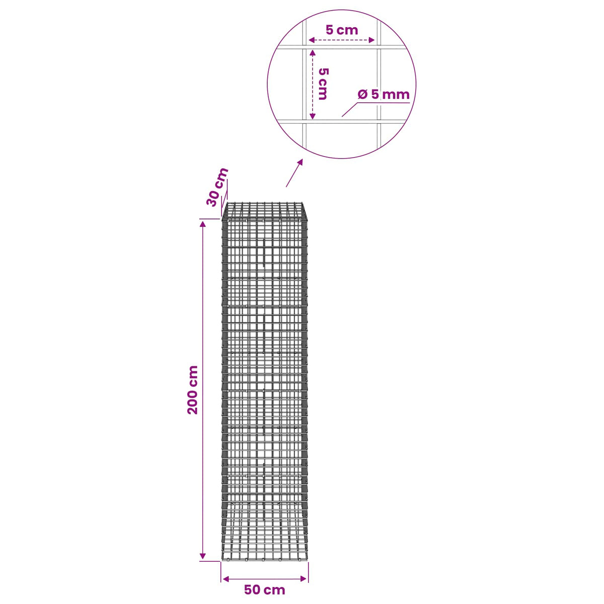 vidaXL Gabion z drutu 5 mm i siatką 5x5 cm 50x30x200 cm