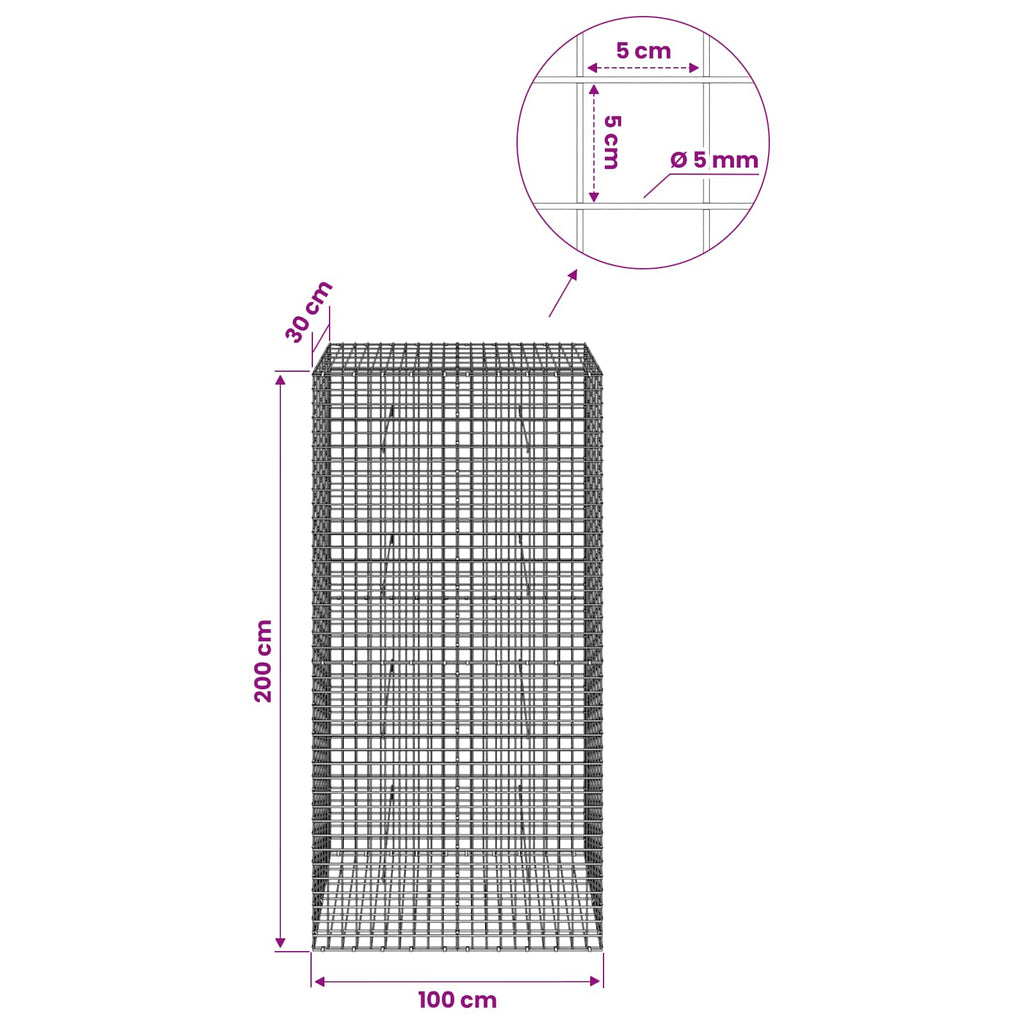 vidaXL Gabion z drutu 5 mm i siatką 5x5 cm 100x30x200 cm