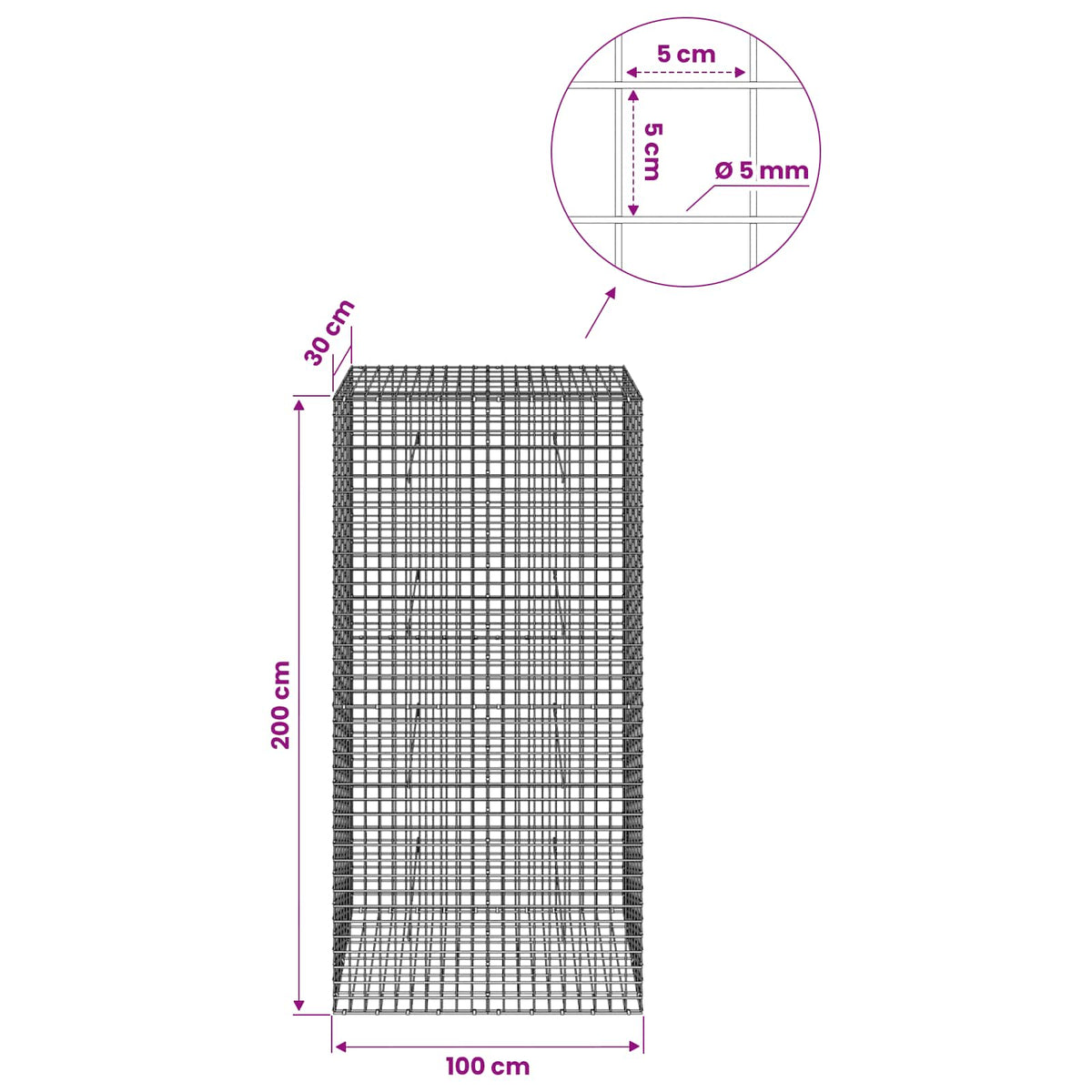 vidaXL Gabion z drutu 5 mm i siatką 5x5 cm 100x30x200 cm