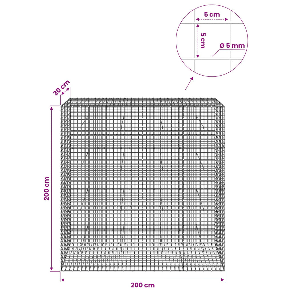 vidaXL Gabion z drutu 5 mm i siatką 5x5 cm 200x30x200 cm