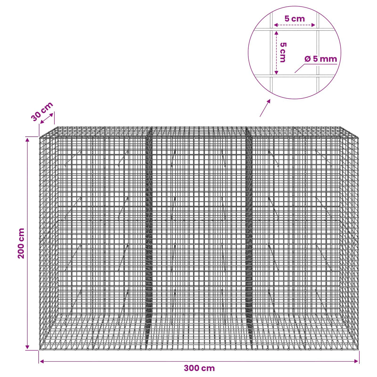 vidaXL Gabion z drutu 5 mm i siatką 5x5 cm 300x30x200 cm