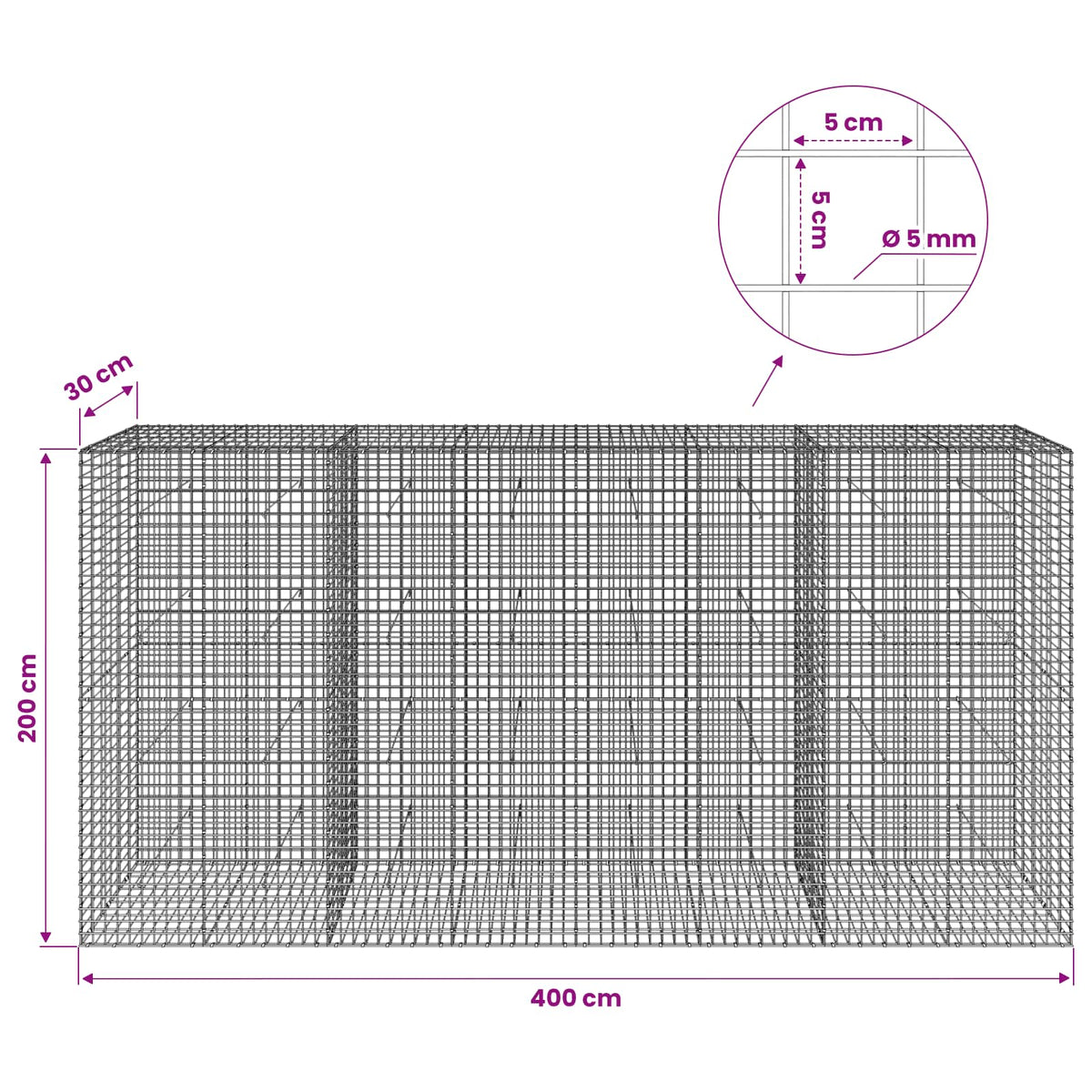 vidaXL Gabion z drutu 5 mm i siatką 5x5 cm 400x30x200 cm
