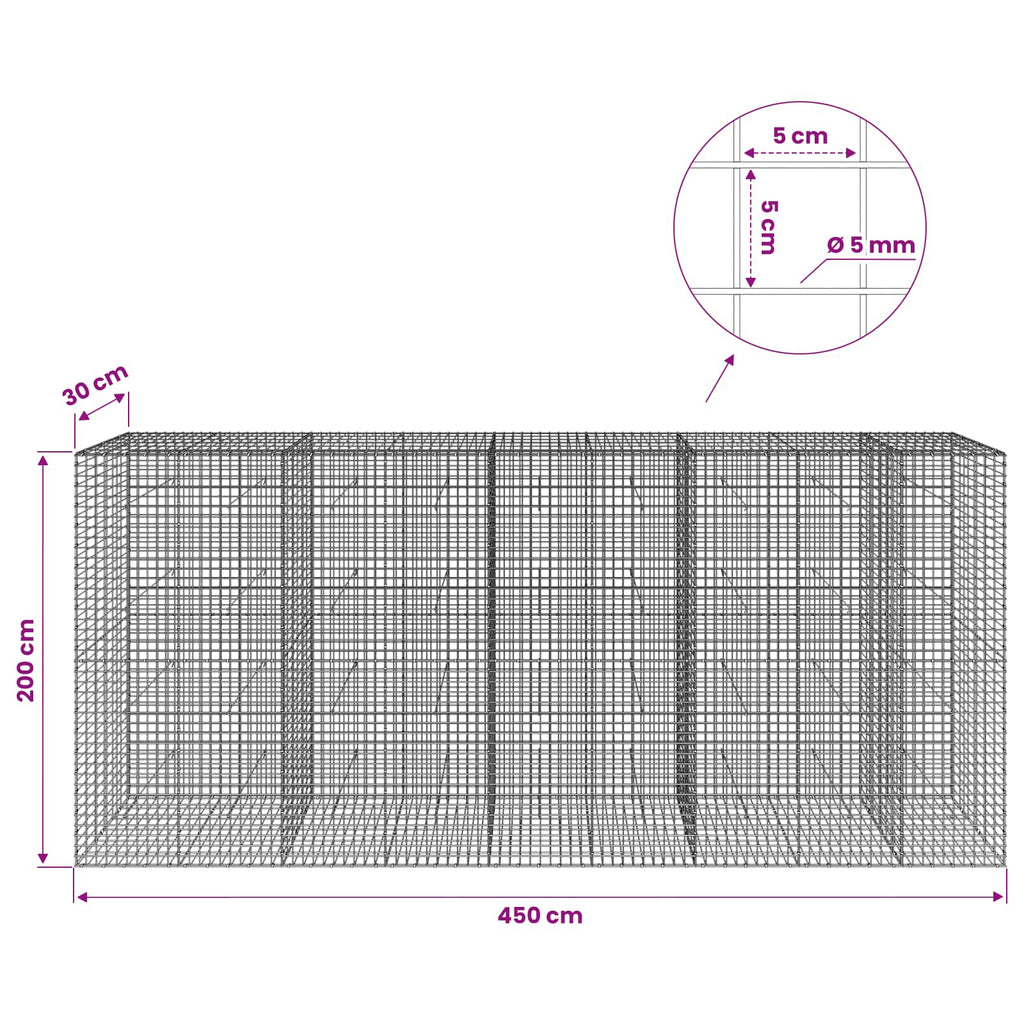 vidaXL Gabion z drutu 5 mm i siatką 5x5 cm 450x30x200 cm
