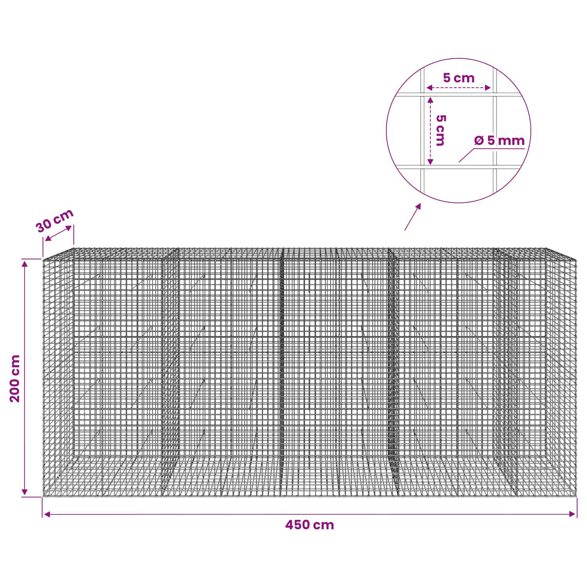 vidaXL Gabion z drutu 5 mm i siatką 5x5 cm 450x30x200 cm