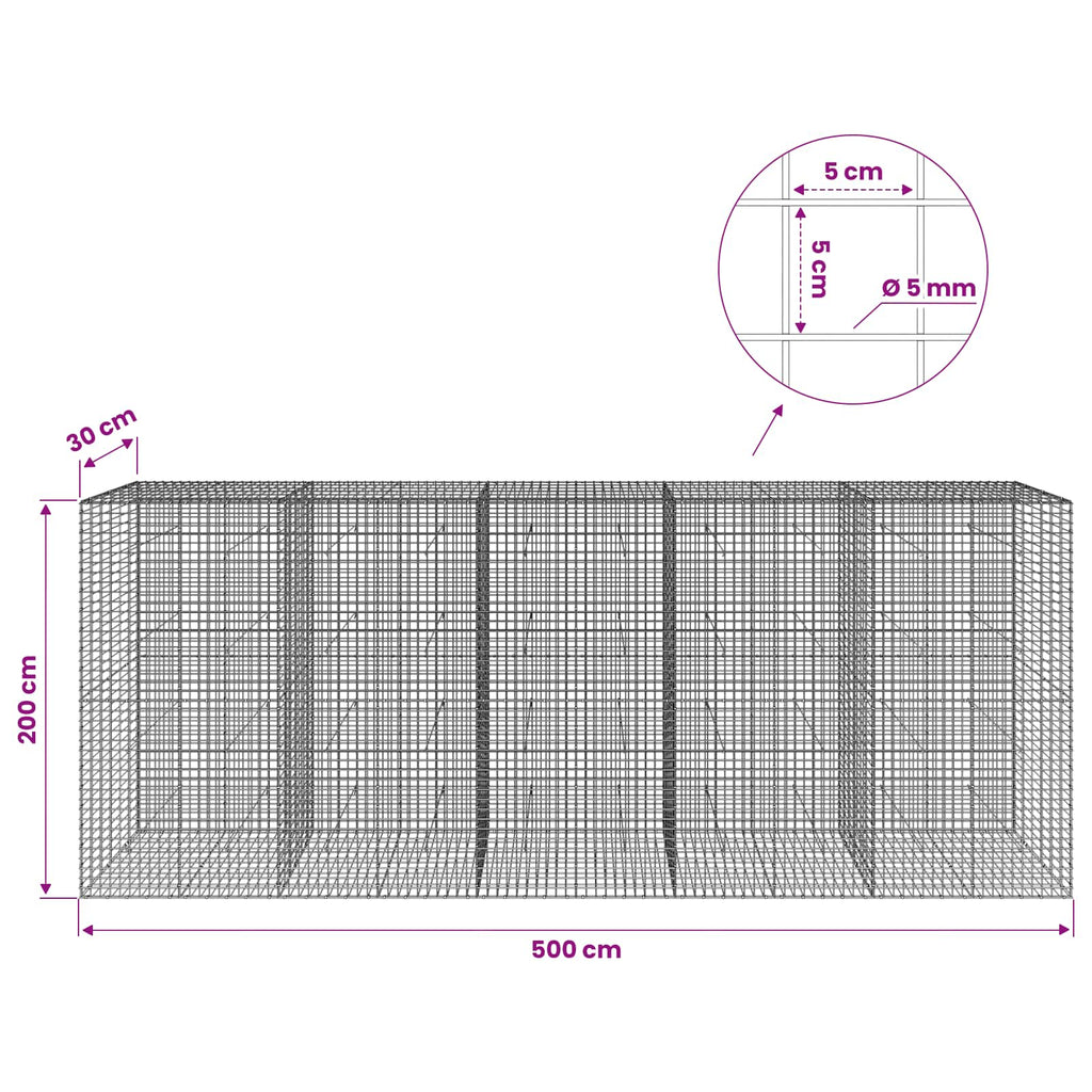vidaXL Gabion z drutu 5 mm i siatką 5x5 cm 500x30x200 cm