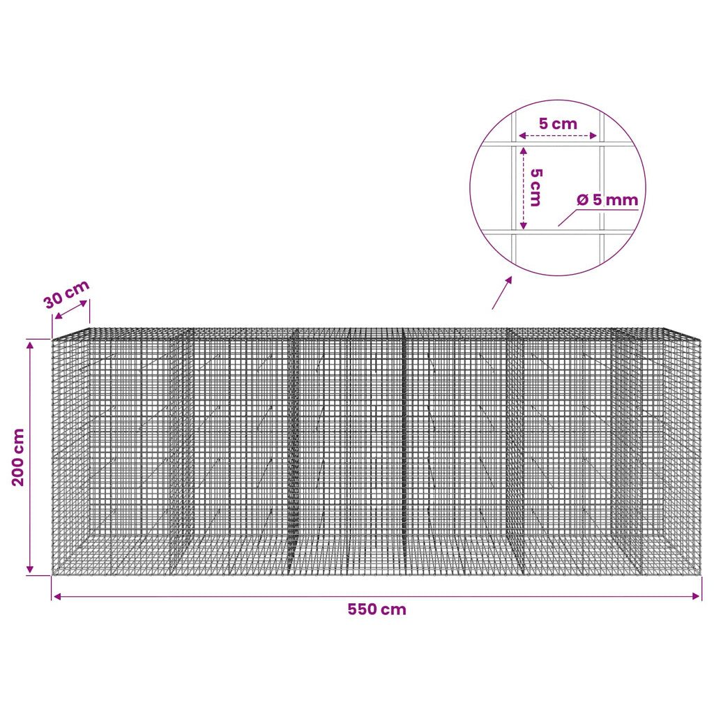 vidaXL Gabion z drutu 5 mm i siatką 5x5 cm 550x30x200 cm