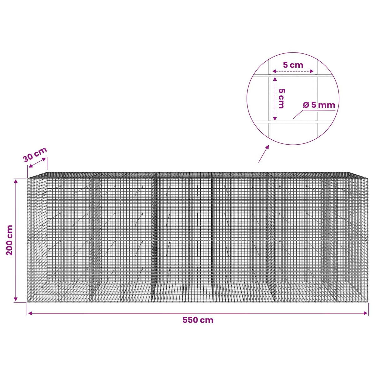 vidaXL Gabion z drutu 5 mm i siatką 5x5 cm 550x30x200 cm