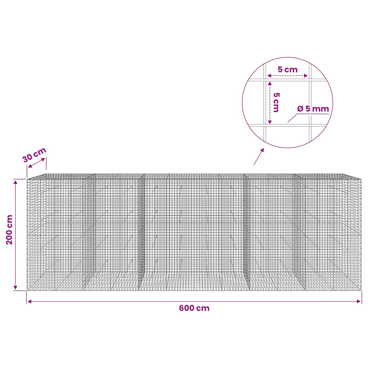 vidaXL Gabion z drutu 5 mm i siatką 5x5 cm 600x30x200 cm