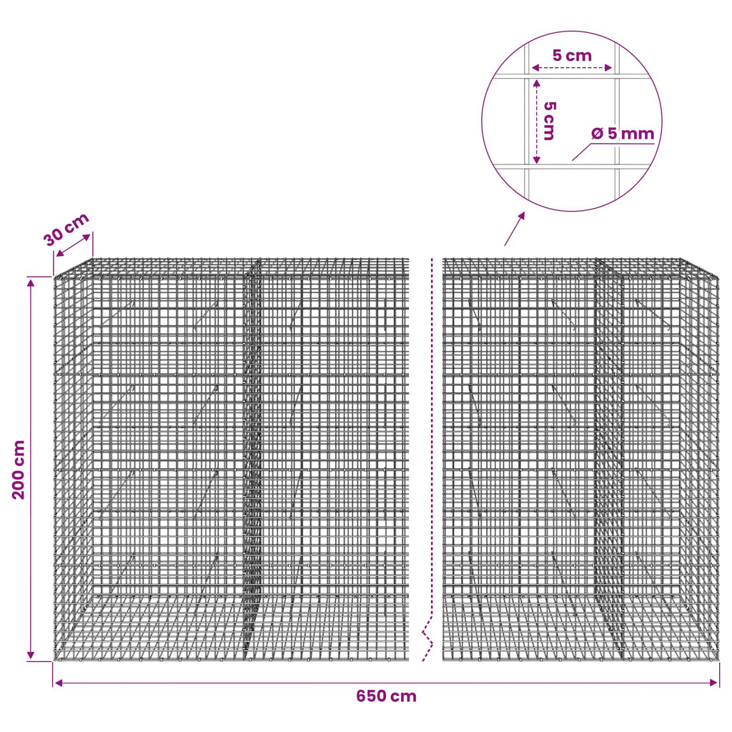 vidaXL Gabion z drutu 5 mm i siatką 5x5 cm 650x30x200 cm