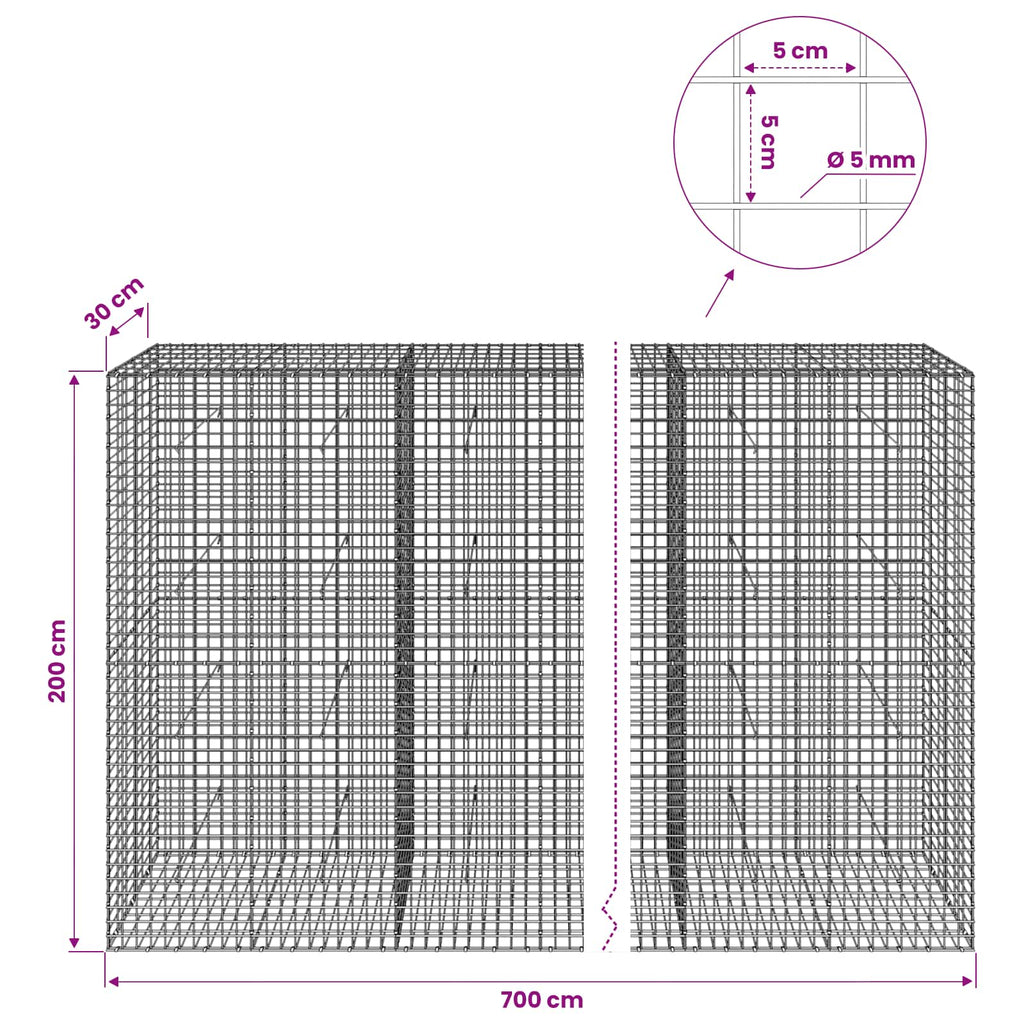 vidaXL Gabion z drutu 5 mm i siatką 5x5 cm 700x30x200 cm