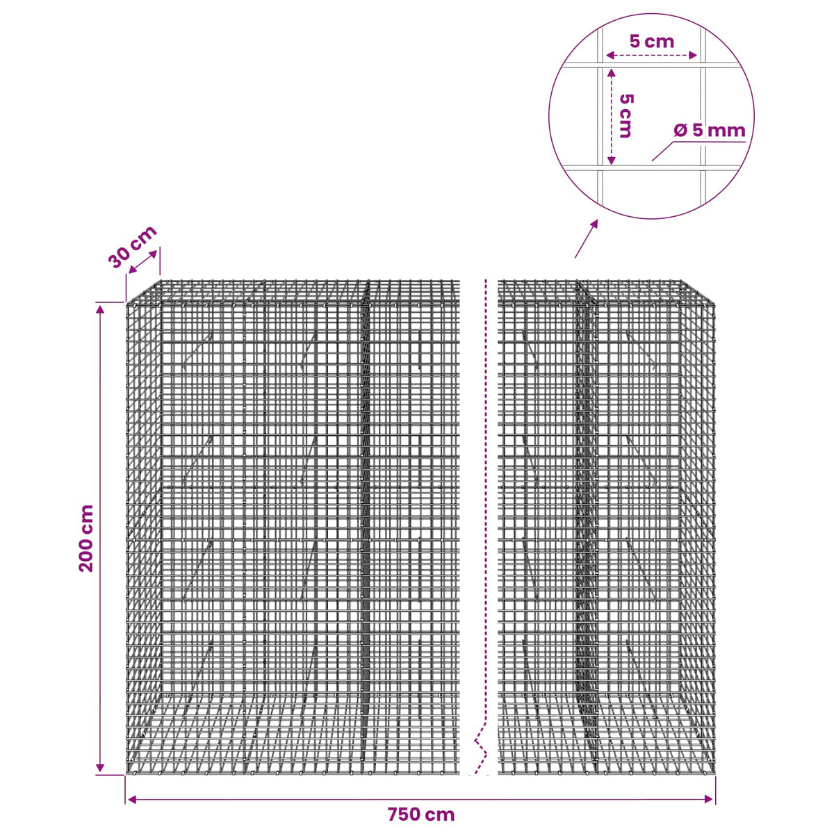 vidaXL Gabion z drutu 5 mm i siatką 5x5 cm 750x30x200 cm
