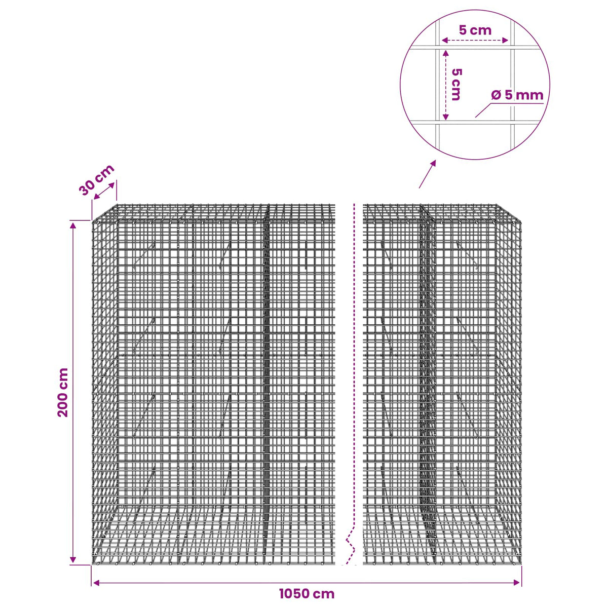 vidaXL Gabion z drutu 5 mm i siatką 5x5 cm 1050x30x200 cm