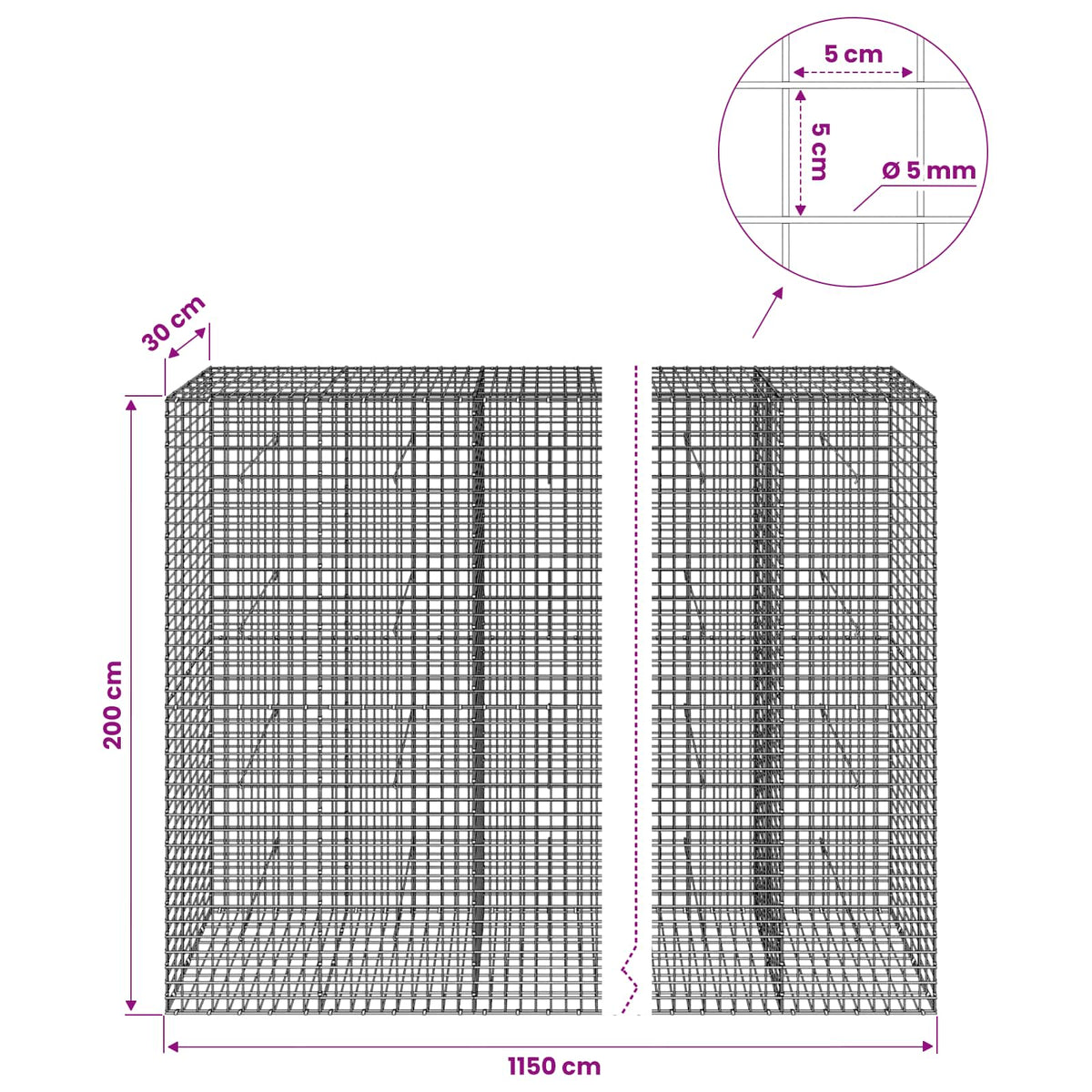 vidaXL Gabion z drutu 5 mm i siatką 5x5 cm 1150x30x200 cm