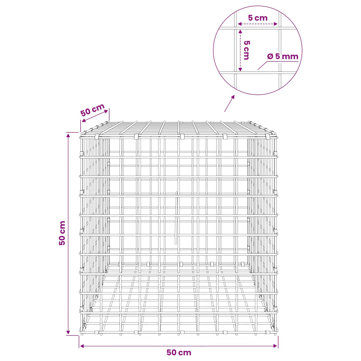 vidaXL Gabion z drutu 5 mm i siatką 5x5 cm 50x50x50 cm Stal ocynkowana