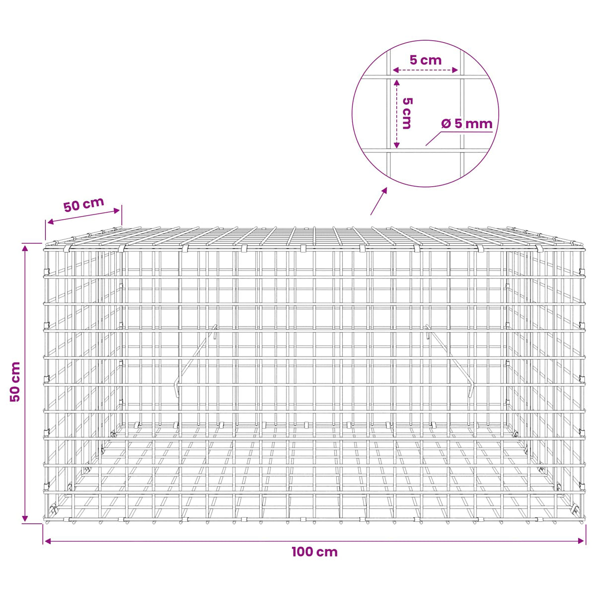 vidaXL Gabion z drutu 5 mm i siatką 5x5 cm 100x50x50 cm