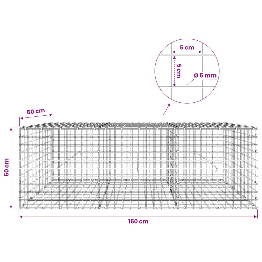 vidaXL Gabion z drutu 5 mm i siatką 5x5 cm 150x50x50 cm