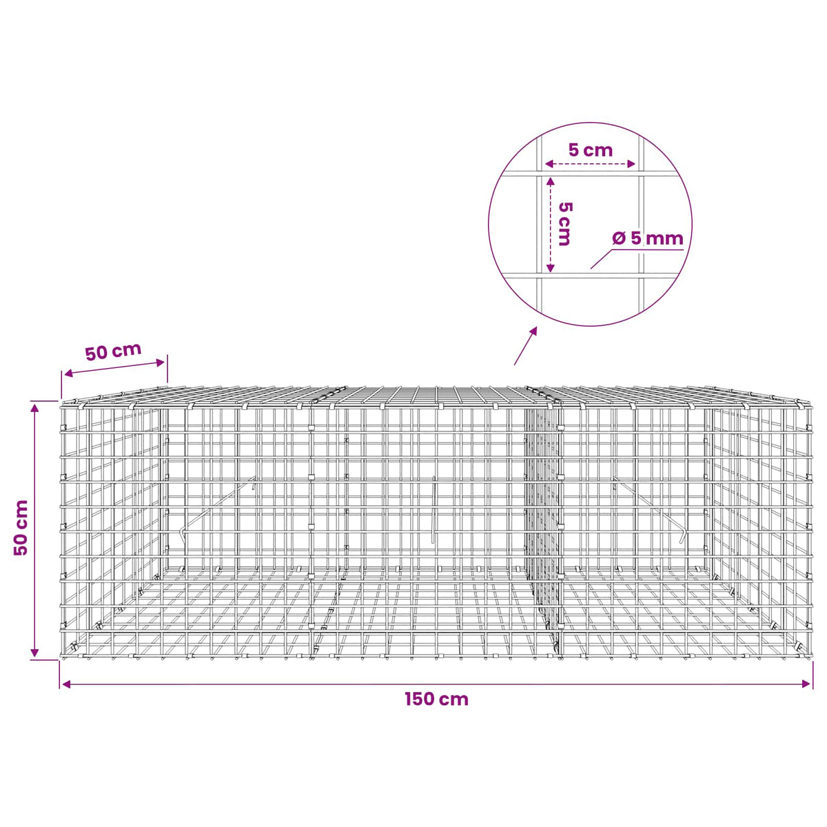 vidaXL Gabion z drutu 5 mm i siatką 5x5 cm 150x50x50 cm