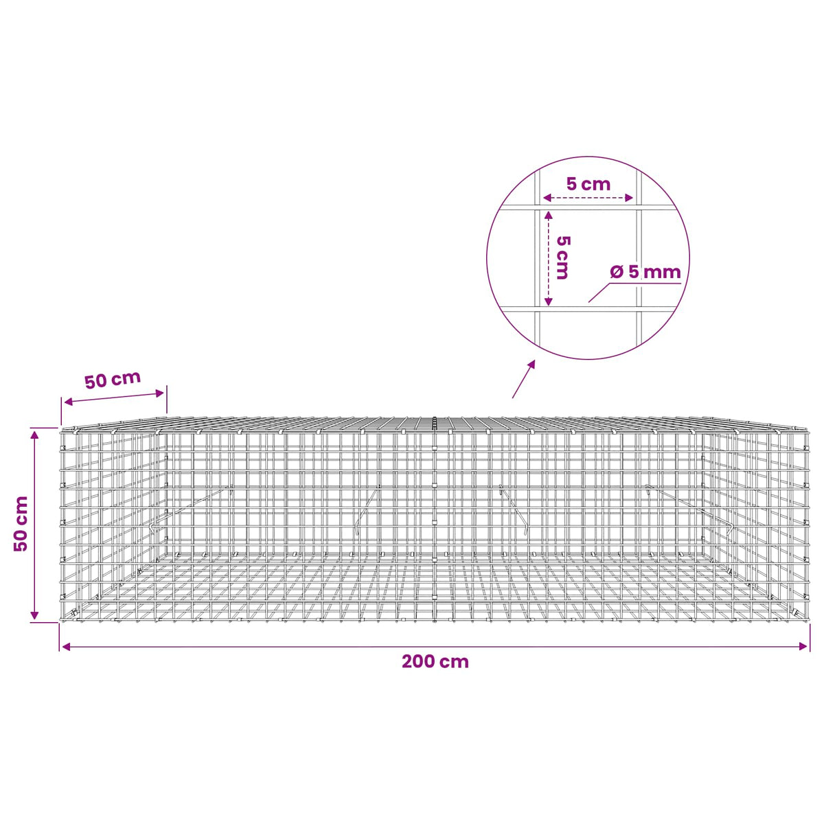 vidaXL Gabion z drutu 5 mm i siatką 5x5 cm 200x50x50 cm