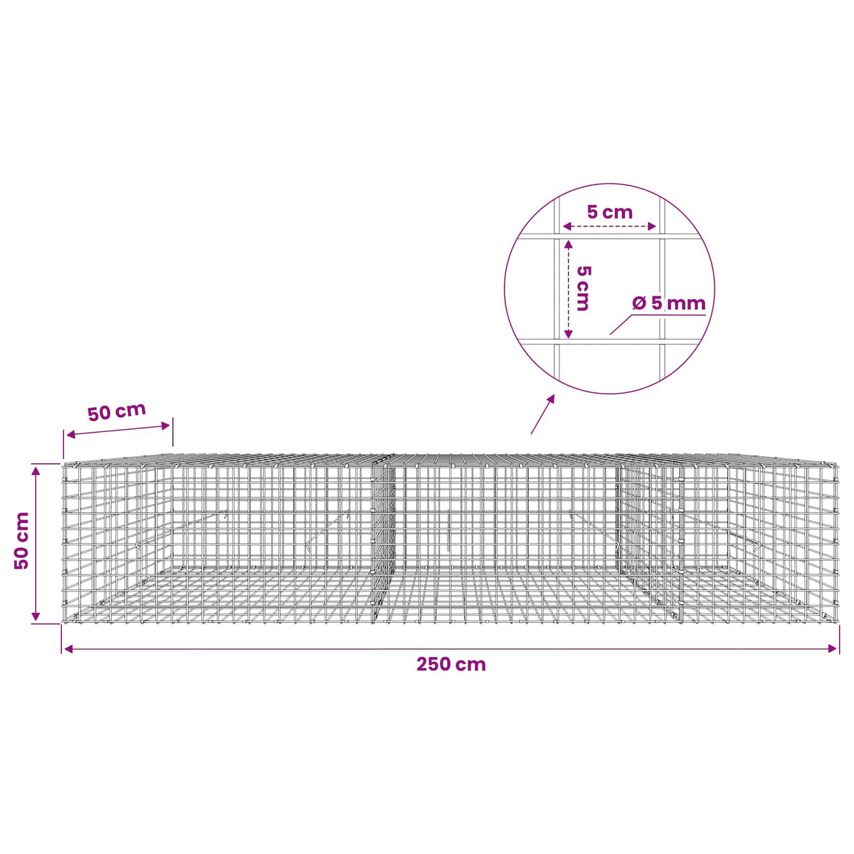 vidaXL Gabion z drutu 5 mm i siatką 5x5 cm 250x50x50 cm