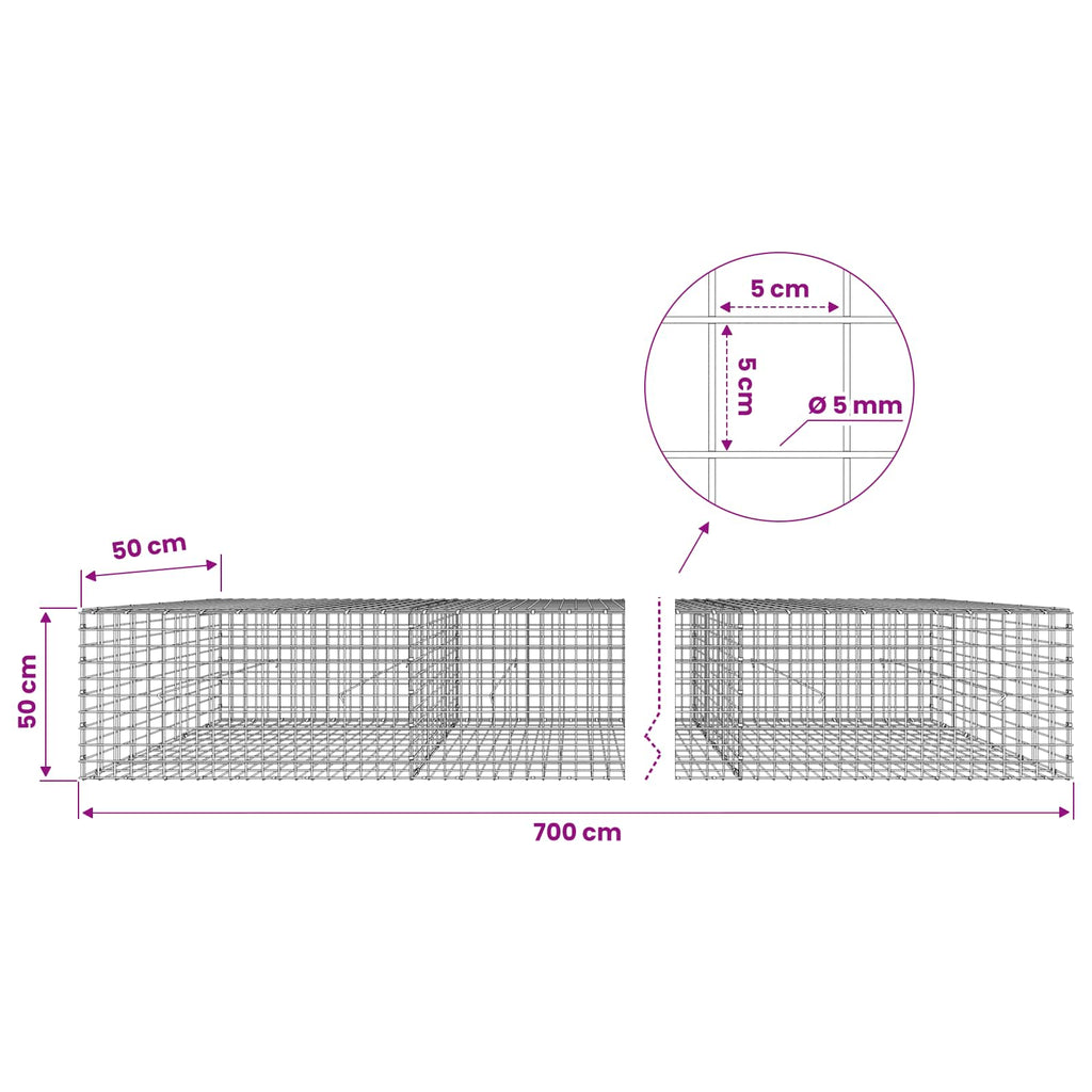 vidaXL Gabion z drutu 5 mm i siatką 5x5 cm 700x50x50 cm