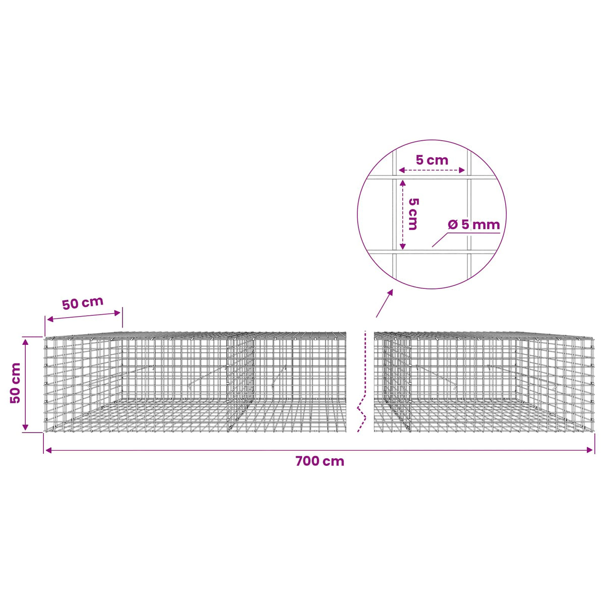 vidaXL Gabion z drutu 5 mm i siatką 5x5 cm 700x50x50 cm