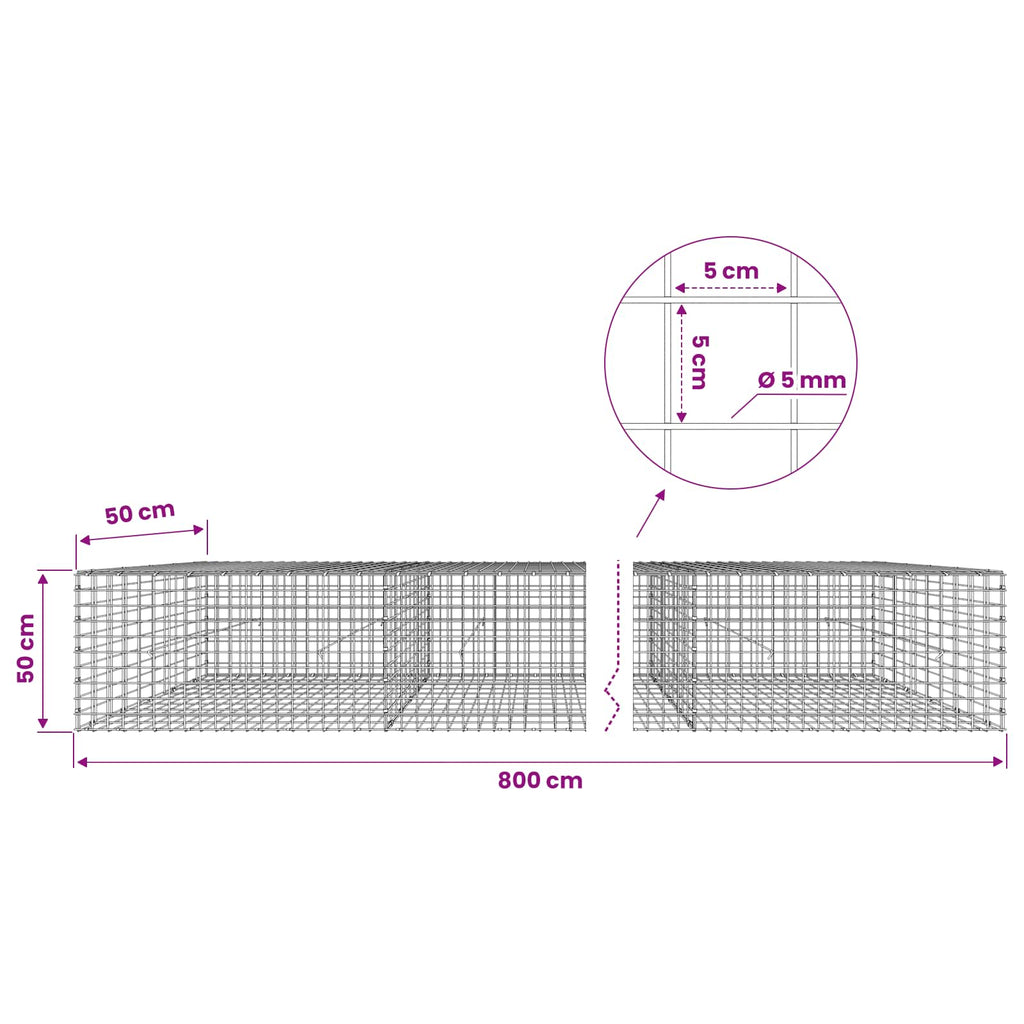 vidaXL Gabion z drutu 5 mm i siatką 5x5 cm 800x50x50 cm